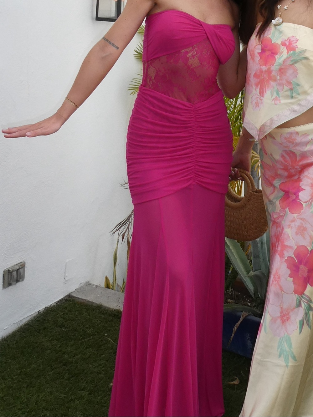 Meshki Fuchsia Strapless Ruched Lace Inset Maxi Dress